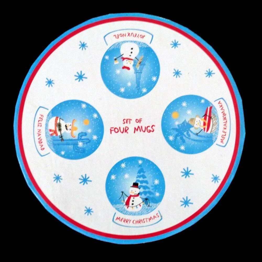 🎄 NWT Set of 4 Adorable Sur La Table Christmas Snow Globe Snowman Mugs